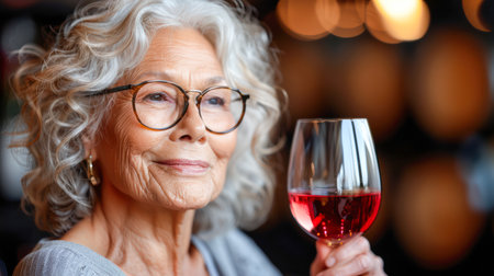 Senior woman is savoring red wine in a warm, inviting atmosphere, surrounded by wooden barrels and soft lighting, showcasing relaxation and enjoyment.の素材