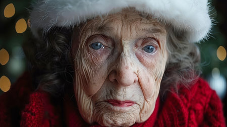 Senior woman with deep wrinkles and bright eyes, dressed in a cozy red scarf and festive hat, surrounded by soft holiday lights.の素材