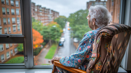Senior woman sitting in chair, looking out window at rainy street with vibrant trees and buildings, reflecting on life and memories.の素材
