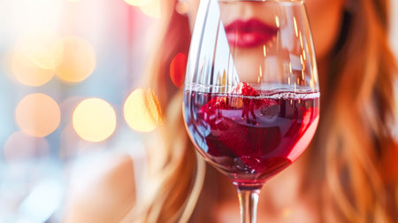 Female figure enjoys a refreshing drink with strawberries, surrounded by soft bokeh lights, creating a vibrant atmosphere.の素材
