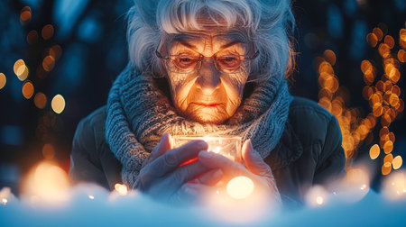 Senior woman gazes at candlelight in hands, surrounded by warm glowing lights, creating a serene winter evening ambiance.の素材