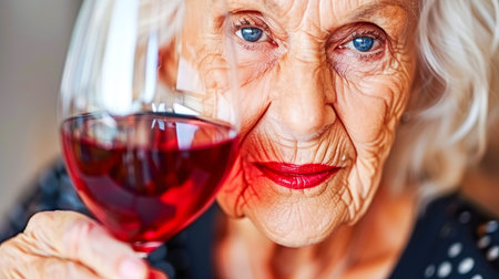 Senior woman with silver hair, holding a glass of red wine, exuding elegance and charm in a cozy atmosphere with soft lighting.の素材