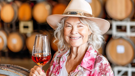 Elderly woman smiles while holding a glass of rose wine in a winery, surrounded by wooden barrels and warm ambiance.の素材