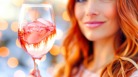 Female enjoying a pink beverage with ice cubes in a glass, surrounded by a lively outdoor atmosphere, capturing a joyful moment.の素材