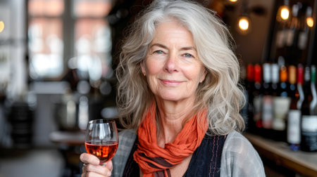 Woman with silver hair enjoys a glass of rose wine in a warm bar atmosphere, surrounded by shelves of bottles and soft lighting.の素材