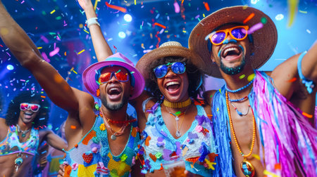 Friends are celebrating joyfully at a lively party, surrounded by colorful decorations and confetti, creating a festive atmosphere.の素材