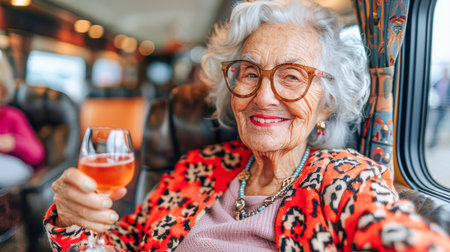 Senior woman smiles while holding a glass of beverage in a train carriage, surrounded by warm ambiance and inviting decor.の素材