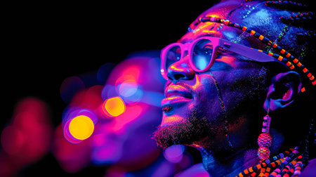 Close-up portrait of a man wearing sunglasses, showing intricate beadwork and vibrant lighting, creating a lively atmosphere.の素材