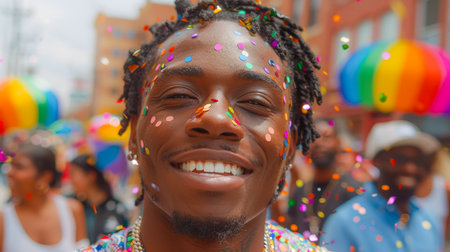 Joyful man adorned with colorful confetti, enjoying a lively street festival filled with vibrant decorations and a festive atmosphere.の素材