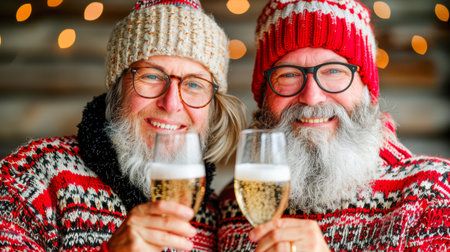 Joyful couple toasting with champagne in festive sweaters, surrounded by warm lights and a cozy setting.の素材