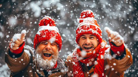 Two cheerful men wearing bright winter hats are enjoying a snowy day, surrounded by falling snowflakes and a winter wonderland atmosphere.の素材