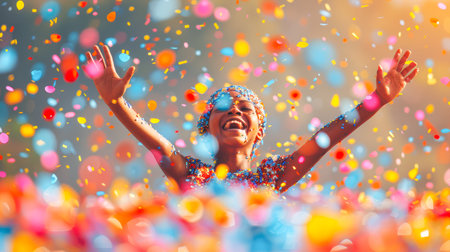 Happy child with arms raised, surrounded by colorful confetti in a lively festival setting, radiating joy and excitement.の素材