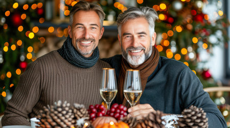 Two joyful men are celebrating at a beautifully decorated table, surrounded by festive elements and warm ambiance.の素材