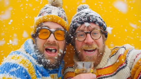 Two cheerful men wearing vibrant winter sweaters are celebrating in the snow, capturing a fun moment of friendship and joy.の素材