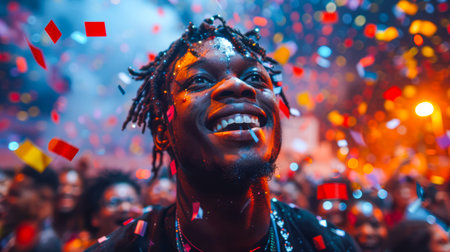 Happy man surrounded by a lively crowd, enjoying a celebration filled with colorful confetti and joyful expressions.の素材