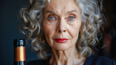 Elderly woman with curly hair, holding a bottle, exuding confidence and elegance in a softly lit environment, capturing timeless beauty.の素材