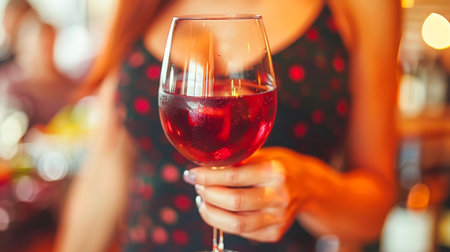 Female figure is holding a glass of red wine in a lively bar atmosphere, showcasing the drink and ambiance of social gatherings.の素材