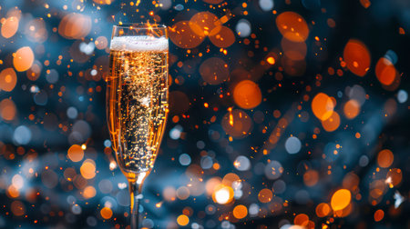 Champagne glass filled with sparkling beverage, surrounded by colorful bokeh lights, enhancing the festive mood and celebration vibe.の素材