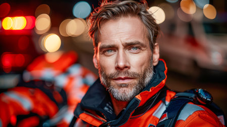 Emergency medical technician in bright uniform, showing determination and readiness for action in a nighttime emergency scene.の素材