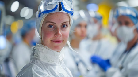 Healthcare worker in protective clothing, smiling confidently in a medical environment with colleagues in the background, showing casing teamwork and dedication.の素材