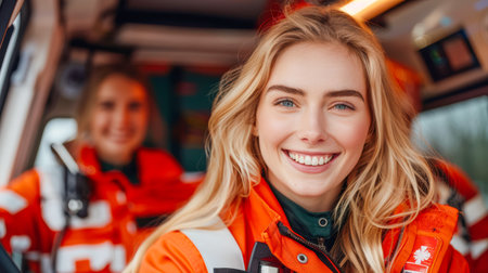 Female emergency responder smiles confidently in bright orange uniform, with colleague visible in background, highlighting teamwork and readiness.の素材