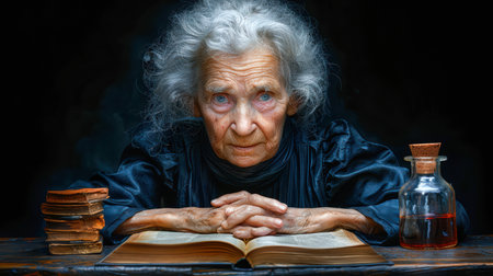 Senior woman with gray hair, focused on an open book, surrounded by old books and a glass jar, creating a mysterious atmosphere.の素材