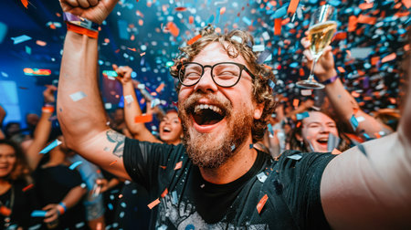 Happy man with glasses is celebrating at a party, surrounded by friends and colorful confetti, creating a festive ambiance.の素材