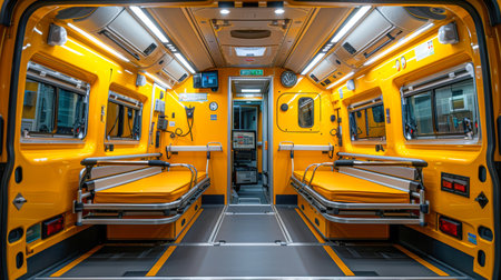 Modern ambulance interior featuring bright yellow walls, two stretchers positioned for patient transport, and advanced medical equipment visible.の素材