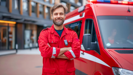 Male emergency medical technician in red uniform stands proudly next to ambulance, showing readiness and professionalism in urban setting.の素材
