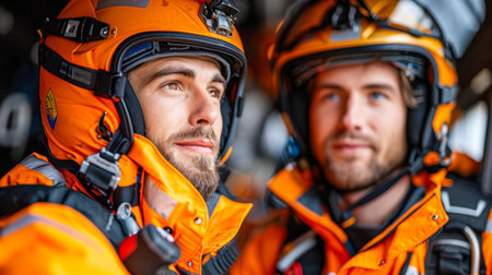 Two male rescue team members in bright orange gear are preparing for a mission, showcasing teamwork and readiness in a challenging environment.の素材