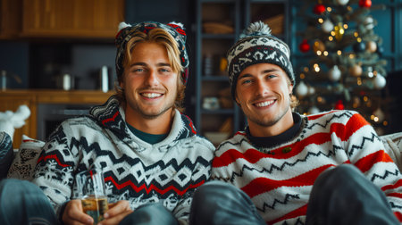 Young men wearing colorful festive sweaters are smiling in a cozy living room, surrounded by holiday decorations and a warm atmosphere.の素材