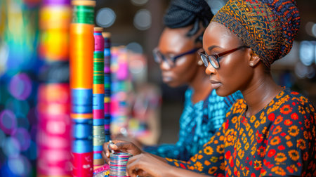 Two women are focused on textile crafting, surrounded by colorful spools and a lively atmosphere, showcasing creativity and skill.の素材