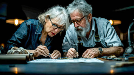 Elderly man and woman focused on crafting together in a cozy workshop, surrounded by various tools and materials, showcasing teamwork and creativity.の素材