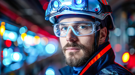 Male technician in safety gear, focused on work in a colorful industrial setting with bright lights and reflections.の素材