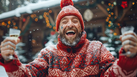 Happy man in cozy sweater is celebrating winter holidays outdoors, surrounded by snow and festive decorations, radiating joy and warmth.の素材