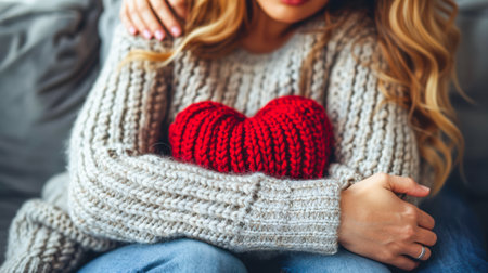 Female figure in a soft sweater embraces a knitted heart, showcasing comfort and love in a cozy atmosphere.の素材