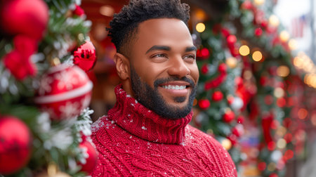 Joyful African American man in a red sweater, stands amidst vibrant holiday decorations, capturing the festive spirit and warmth of the season.の素材