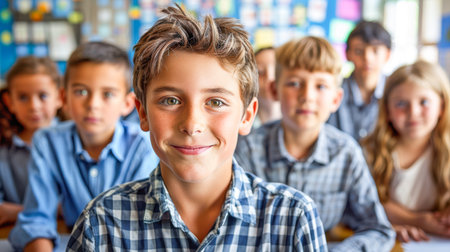 Smiling young boy in a classroom surrounded by classmates, showcasing a vibrant learning atmosphere filled with educational materials.の素材