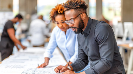 Two professionals are reviewing architectural designs on a table in a contemporary office environment, showcasing teamwork and creativity.の素材