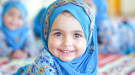 Smiling young girl in blue hijab, dressed in vibrant traditional clothing, radiates happiness in a cheerful environment.の素材