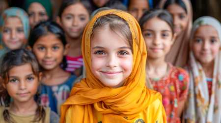 Smiling young girl wearing orange hijab stands in front of diverse group of girls showing vibrant clothing and joyful expressions.の素材