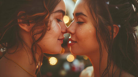 Close-up of two women gently touching noses, surrounded by soft lights, creating a warm and intimate atmosphere.の素材