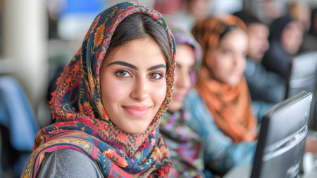 Smiling young woman wearing a vibrant scarf, seated in a contemporary classroom, with classmates focused on their work.の素材