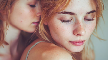 Two blonde women with freckles are embracing in a warm, soft-lit environment, showcasing connection and intimacy.の素材