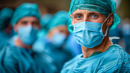Male medical staff member in scrubs and mask, surrounded by colleagues in a healthcare setting, showing teamwork and professionalism.の素材