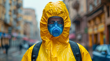 Person wearing a bright yellow raincoat and blue mask stands on a wet city street, showcasing urban life in rainy conditions.の素材