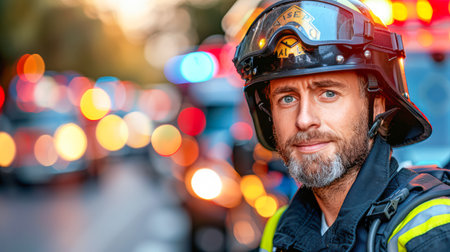 Confident firefighter in uniform, wearing helmet, surrounded by emergency vehicles with flashing lights, showcasing bravery and readiness.の素材