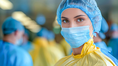 Healthcare worker in protective clothing and mask, focused on patient care in a busy hospital setting with colleagues nearby.の素材