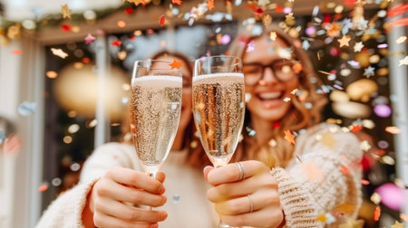 Two joyful women raise champagne glasses in celebration, surrounded by vibrant confetti and a festive ambiance.の素材
