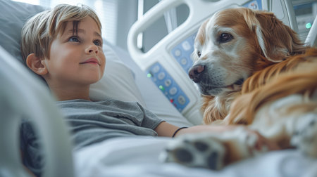 Child in hospital bed, smiling at golden retriever dog, showcasing warmth and companionship in a healing environment.の素材